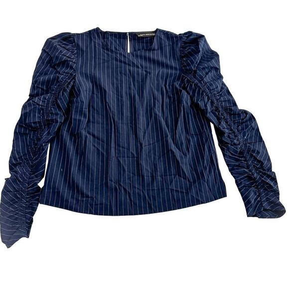 Zara Navy Pinstripe Patterned Ruffle Sleeve Blouse Size Medium - Picture 1 of 6